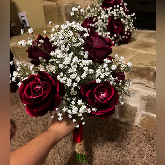 Bouquet with 6 deep red/burgundy roses and white baby’s breath. Have multiple - Picture 1 of 5